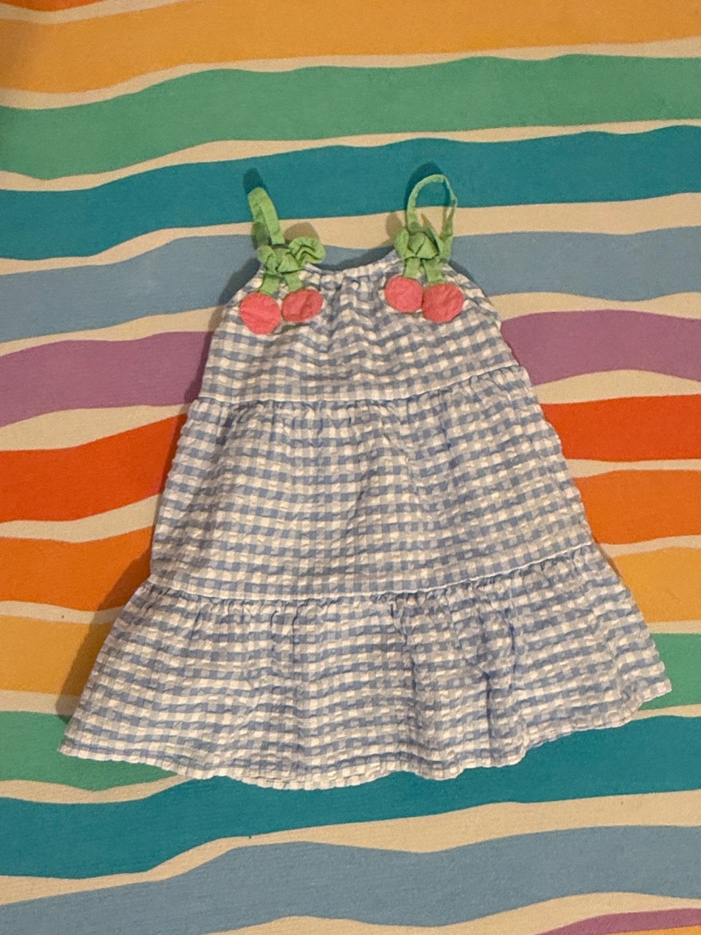 GAP Blue and White Gingham Sundress with Pink Cherry Appliqués